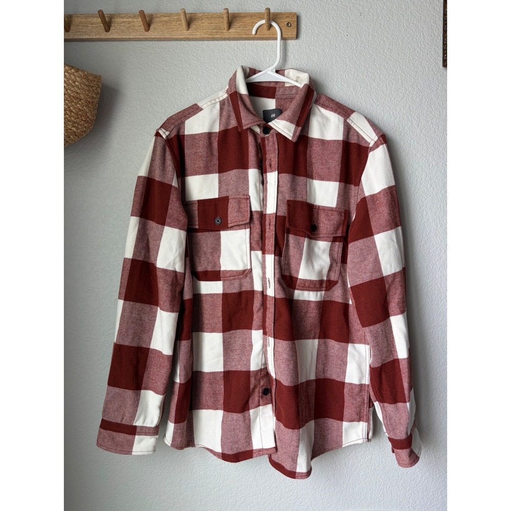 HM Mens Red White Buffalo Plaid Flannel Button Down Long Sleeve